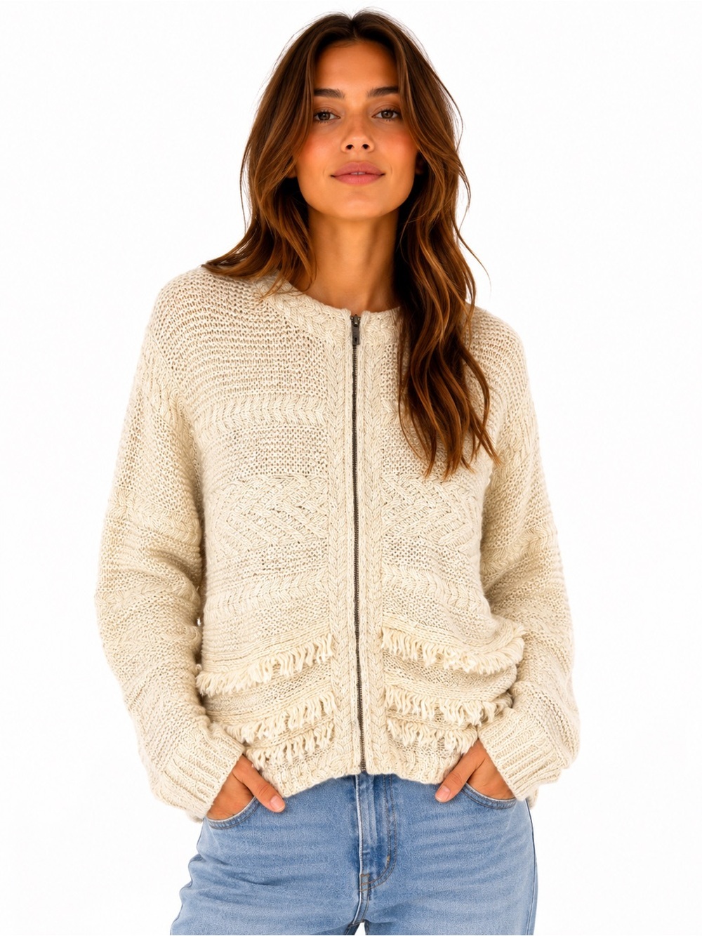 EDC Esprit Ivory Fringe Knit Zip Cardigan Sweater Women’s XL Boho